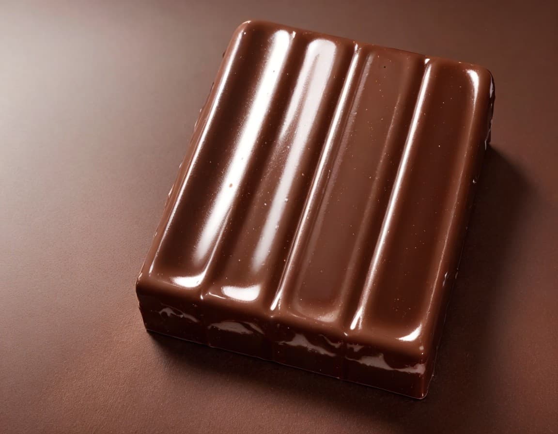 A glossy milk chocolate bar on a warm brown ground